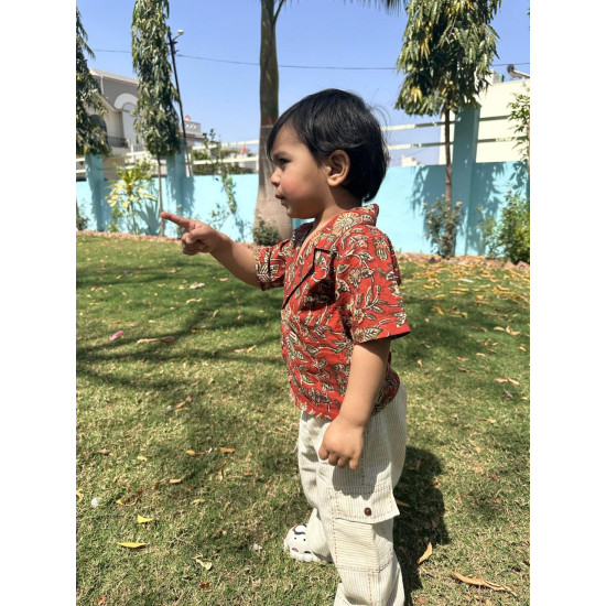 Rust Leafy Block Print Shirt with Cargo Stripe Pants – Boys Cotton Co-Ord Set